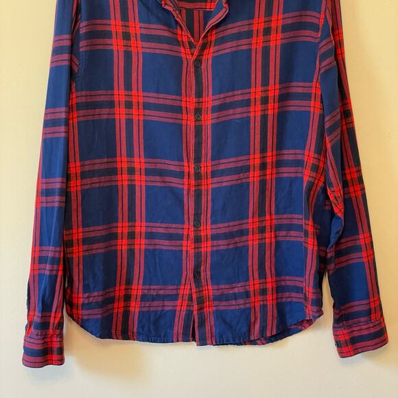 H&M L 100% cotton casual button down t-shirt blue red plaid corpcore work - Picture 3 of 7